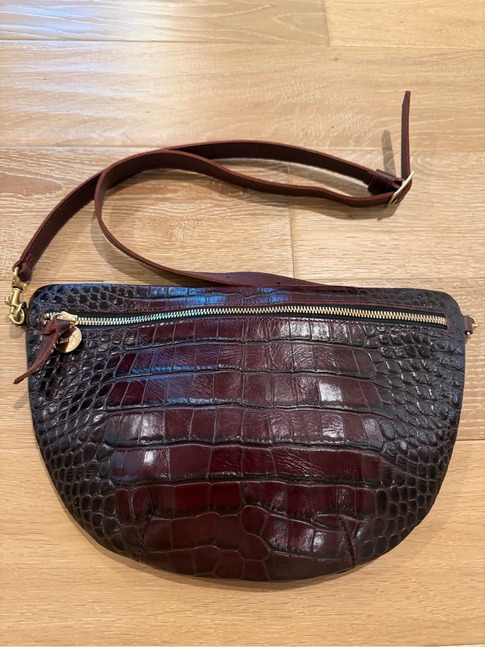 Clare V Croc-Embossed Dark Brown Crossbody Bag with Gold Hardware
